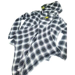 New Stoosh Size L Top Black Plaid Roll Tab Open Front Waterfall Cardigan Shirt
